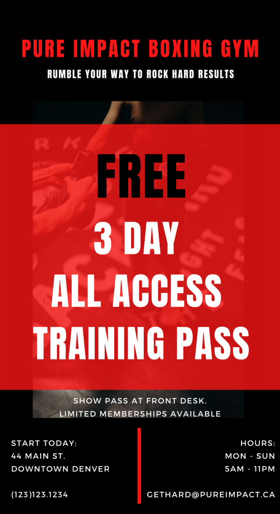 Ad Spec For A Boxing Gym. First side of the mailer is 3 day pass for all access training. Designed to look like a back stage pass.